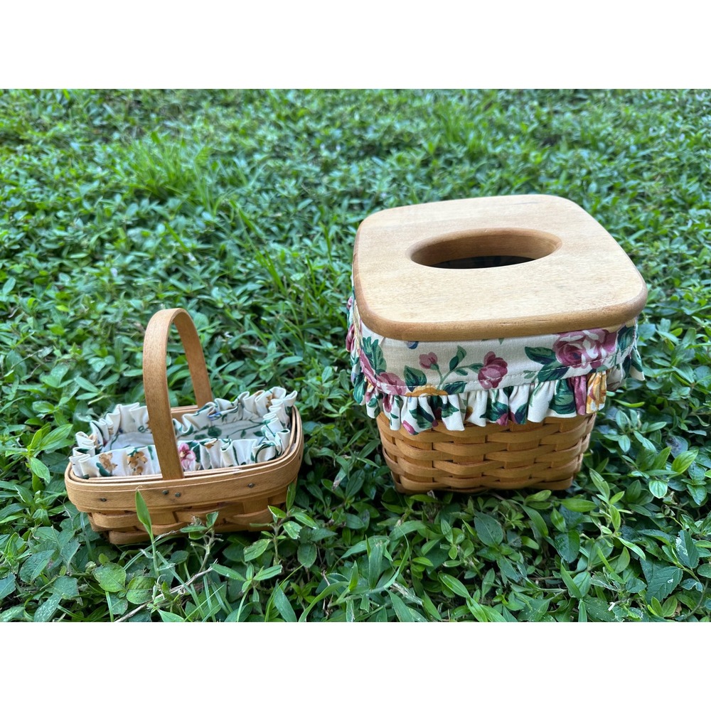 Longaberger Handwoven Basket Set Tissue Box Cover with Lid and Small Basket
